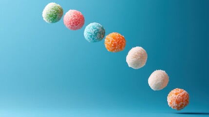 Colorful Rice Balls Floating on Blue Background