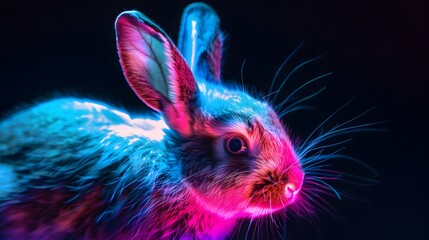 Neon Rabbit with Bright Glowing Fur Hopping Against Mysterious Dark Background Isolated Concept