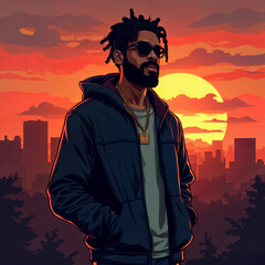 Rapper in Cityscape at Sunset