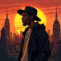 Rapper in Cityscape at Sunset
