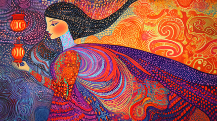  A bright abstract illustration, styled as a block painting, depicting a woman with lamps against a background of vibrant patterns and colorful shapes, using warm and cool tones