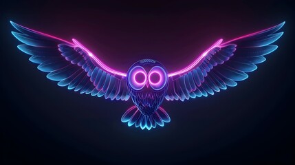 Fototapeta premium Neon Owl Silently Soaring in Night Sky with Glowing Wings on Black Background