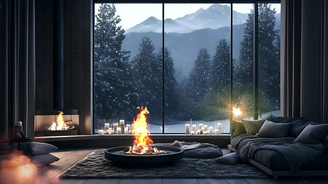 Seamless looping 4k time-lapse animation video background of a cozy room with fireplace and snowy mountain view. Winter retreat concept