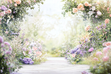 professional photography studio backdrop of a lush English garden in full bloom, featuring a quaint stone pathway leading to an ivy-covered archway