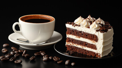 A cup of coffee and plate of cake isolated in black background.