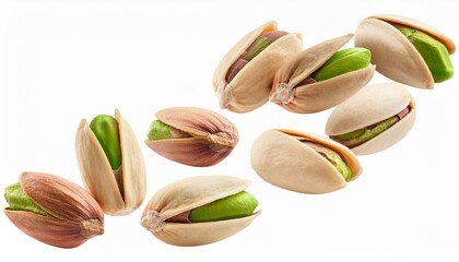 Falling pistachio isolated on white background, 