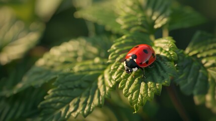 Obraz premium Bright Red Ladybug on Green Leaf in Sunlight