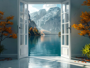 Autumn calm expanse of the mountain lake, view through open white modern door, the water at threshold level, the sunny morning. It is symbol of calm rest and contemplation.