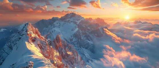Naklejka premium Majestic Mountain Range Silhouetted at Sunset - Aerial View of Dramatic Peaks and Valleys