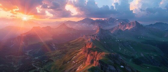 Obraz premium Majestic Sunset Over Mountain Range - Aerial View of Dramatic Peaks and Valley at Dusk
