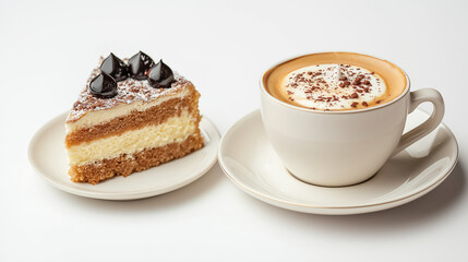 cup of coffee and plate of cake in a white background