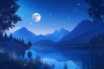 Serene moonlit night over calm lake with mountain backdrop, starry sky, peaceful nature scene, tranquil evening landscape, nighttime reflection, moonlight beauty, wilderness tranquility