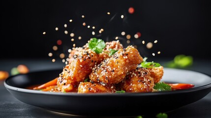 Sesame Chicken with Sweet and Sour Sauce in Black Bowl