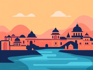 Silhouette of a city with domes and a river in the foreground.