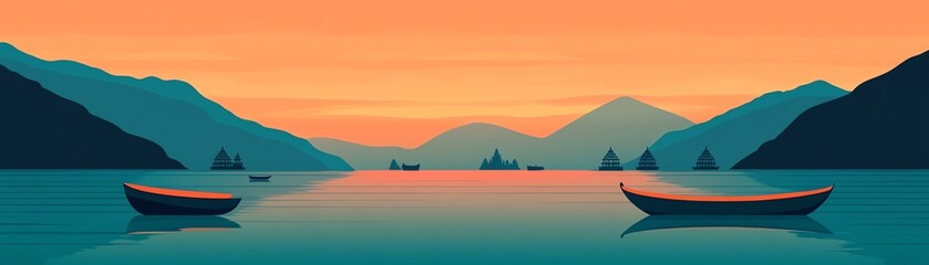 Serene landscape of mountains and a still lake with boats at sunset