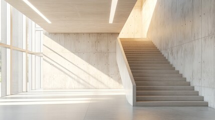 Obraz premium Creative light concrete tile interior with stairs and mock up place on wall. School hallway and corridor concept. 3D Rendering