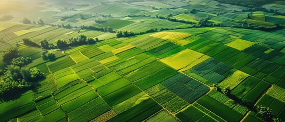 Fototapeta premium Aerial View of Vibrant Lush Green Farmland and Fields