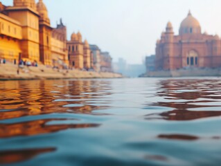 Naklejka premium Water reflection of golden temples in Varanasi, India