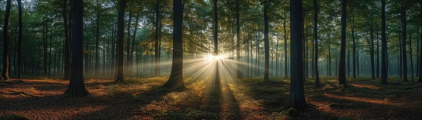 Naklejka premium A serene forest scene with sunlight filtering through trees, creating a peaceful atmosphere and showcasing nature's beauty.
