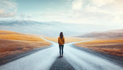 A solitary figure stands at a crossroads, surrounded by expansive landscapes under a tranquil sky, symbolizing choices and journeys.