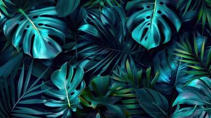 Tropical Leaf Background with Deep Green and Teal Tones