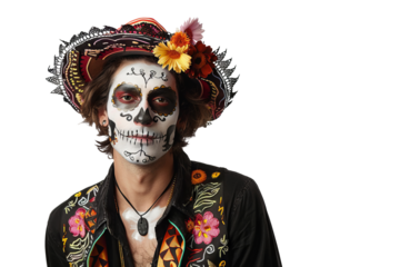 Portrait of a man with halloween horror makeup for the day of the dead festival, his face frozen in a scary expression, isolated on a transparent png background