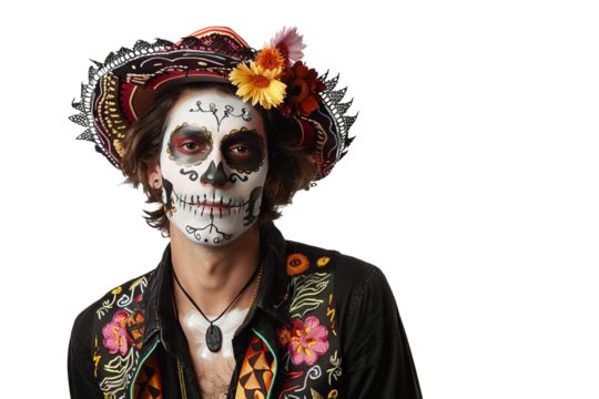 Portrait of a man with halloween horror makeup for the day of the dead festival, his face frozen in a scary expression, isolated on a transparent png background