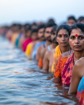 Pilgrims gathering along the banks of the Ganges River for religious rituals and offerings, Ganges River, Pilgrims India Religious Rituals Banks