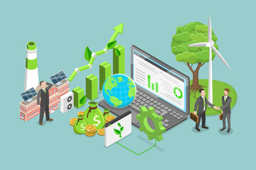 3D Isometric Flat Vector Illustration of Green Finance , Growth Economic Sustainability