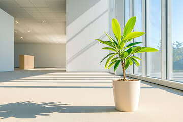 an empty, soulless office with a single plant thriving, concept of fired employees or bankrupt business
