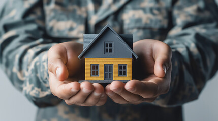House in military man's hands, veteran home loans and mortgage concept, copy space