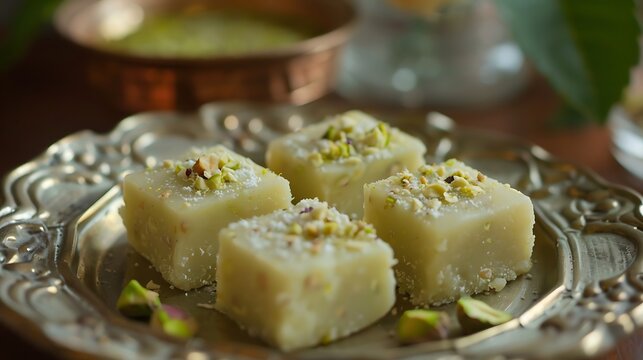 Dessert called kaju pista burfi prepared with kaju pistachios and mava