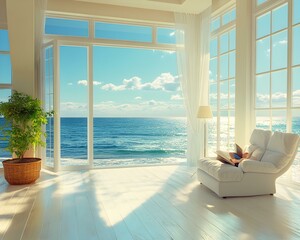 Modern beach house, serene setting, individual absorbed in reading, gentle ocean breeze, vibrant coastal colors, inviting atmosphere, tranquil escape.
