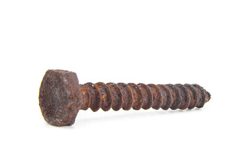 Old rusty screw close up isolated on white background