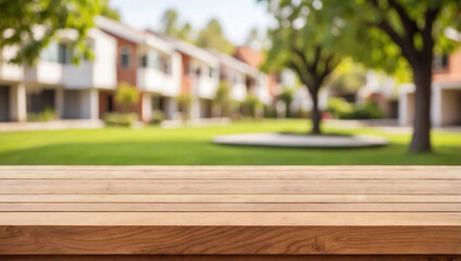 The empty wooden table top with blur background of modern housing exterior. For product display