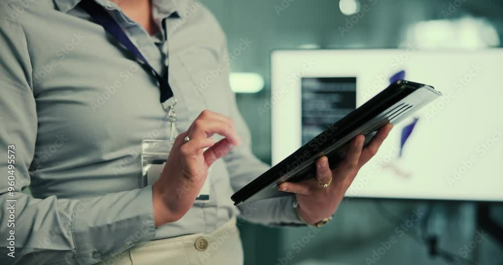 Aufkleber computer, tablet and hands of woman with coding, prosthetic innovation and ai research in laboratory