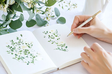 hands writing in a beautifully decorated bullet journal