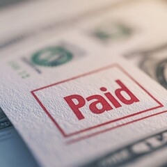 Pay day concept, paycheck with a "Paid" stamp and cash overlay, financial achievement, 3D rendering