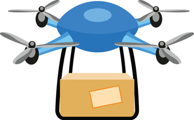 Blue delivery drone carrying package flying through air, autonomous robot technology