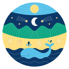 Round mandala of starry night scene with a whale in the ocean and mountains in the background. Naive art with geometric natural elements.