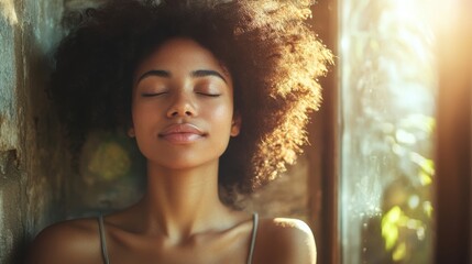 A person relaxing with closed eyes, soothing expression, natural sunlight filtering in, peaceful ambiance, digital detox moment, embracing tranquility, clear and calming composition