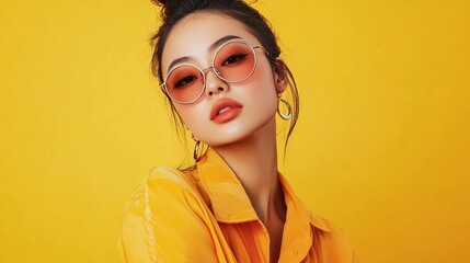A confident young asian female fashion model posing with stylish clothes and luxury sunglasses against a vibrant yellow studio background © Cosmic Edge