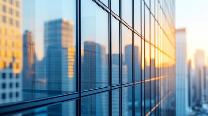 Close-up of an office building's glass windows, reflecting towering skyscrapers and creating a vibrant urban atmosphere