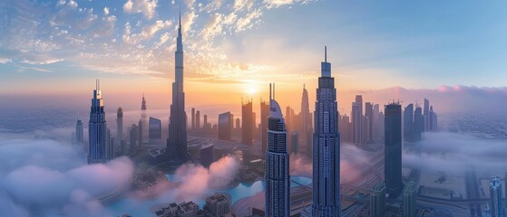 Naklejka premium Futuristic Cityscape: Aerial View of Modern Skyscrapers in Urban Metropolis