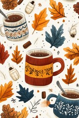 autumn doodle patterns, create a cute fall doodle pattern with sweaters, cocoa mugs, and falling leaves, perfect for seasonal card designs