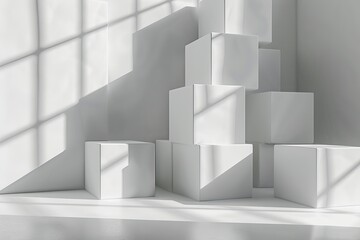Fototapeta premium Random shifted white cube boxes block background wallpaper banner with copy space, contemporary, mirrorless, standard, morning, minimalist
