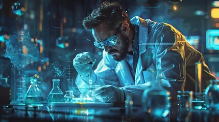 Chemical technologies. Scientific research. A male scientist is doing experiments.