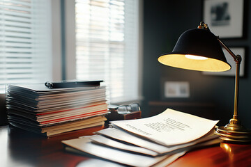 Obraz premium a detective's desk with case files, old-fashioned lamp, and a fedora hat