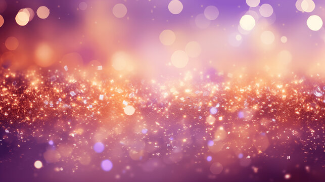 Particules et confettis scintillants et brillants volant sur fond flou et color&eacute;. Paillettes dor&eacute;es et color&eacute;es. Fond pour banni&egrave;re, conception et cr&eacute;ation graphique.