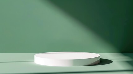 White circular platform with shadows on green backdrop for product display. Stand for cosmetics promotion. Simple scene with room for text.